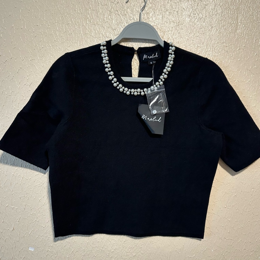 Pink‎ Marled Short Sleeve Sweater Size Small Pearl Neckline Black Soft Stretchy
